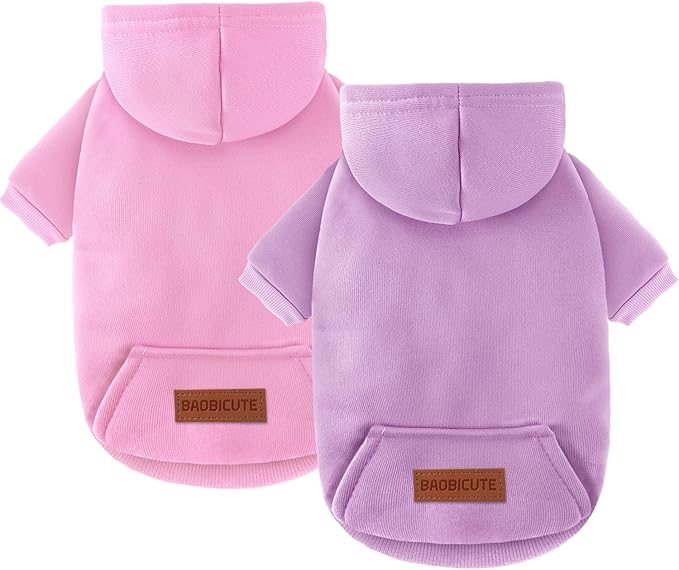 2 Pack Dog Hoodie Warm Hood Dog Sweater Cold Weather Small Dogs Sweatshirt Comfort Pet Clothes for Small Medium Dogs with Pockets (Pink+Purple, XS (Back: 7.5",Chest: 12.6", 1.8-3.5lbs))