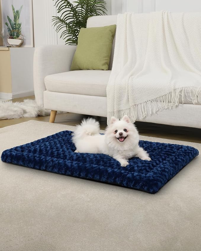 Washable Dog Bed Mat Crate Pad Soft Fluffy Pet Kennel Beds Dog Sleeping Mattress for Large Jumbo Medium Small Dogs, 30 x 19 Inch, Blue