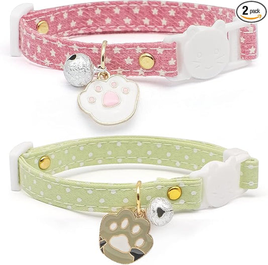 2 Pack Cotton Breakaway Cat Collar with Bell Pink & Green Paw Pendant Cute Kitten Cat Collar Suitable for Girls and Boys