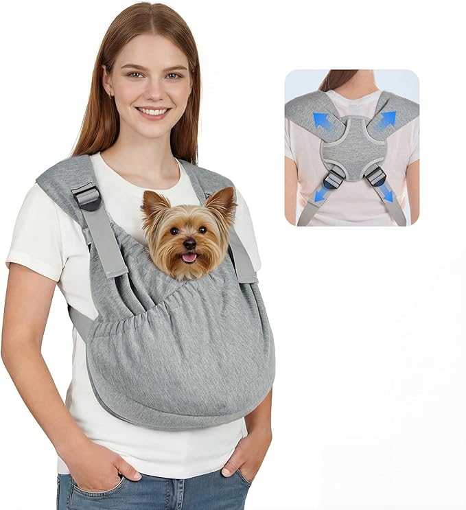Supet Dog Sling Carrier, Hands Free Adjustable Puppy Pouch Carrier, Soft Wearable Pet Front Bag for Dachshund & Teacup Dogs, Anti-Anxiety Chest Carrier with Back Pain Relief (Grey, Plus)