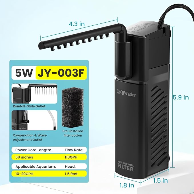 Aquarium Filter, Fish Tank Filter, Suitable for 10-20 Gallon Fish Tanks, 5W 110GPH with Two Modes Switching Function.