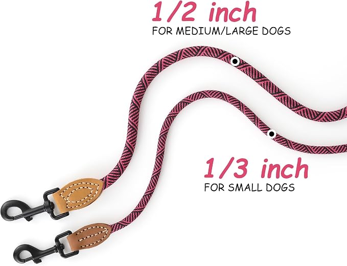 Mile High Life Small Dog Leash, Thin Rope Leash with Genuine Leather Connection and Heavy Duty Metal Clasp, Great for Small Medium Dogs(Pink,60 Inch-1/3)