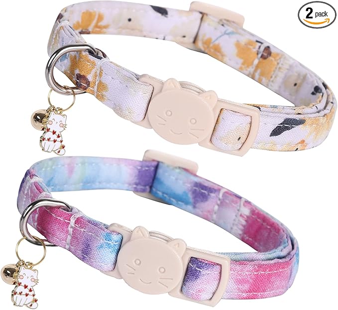 Elegant little tail 2 Pack Cat Collar- Sunflower Print Cotton Breakaway Cat Collars with Bell Pendant Kitten for Girl Safety Adjustable Collar for Small Cats Puppy