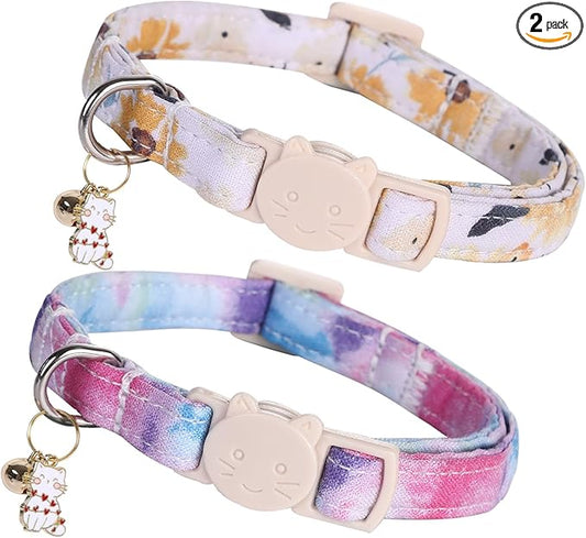 Elegant little tail 2 Pack Cat Collar- Sunflower Print Cotton Breakaway Cat Collars with Bell Pendant Kitten for Girl Safety Adjustable Collar for Small Cats Puppy