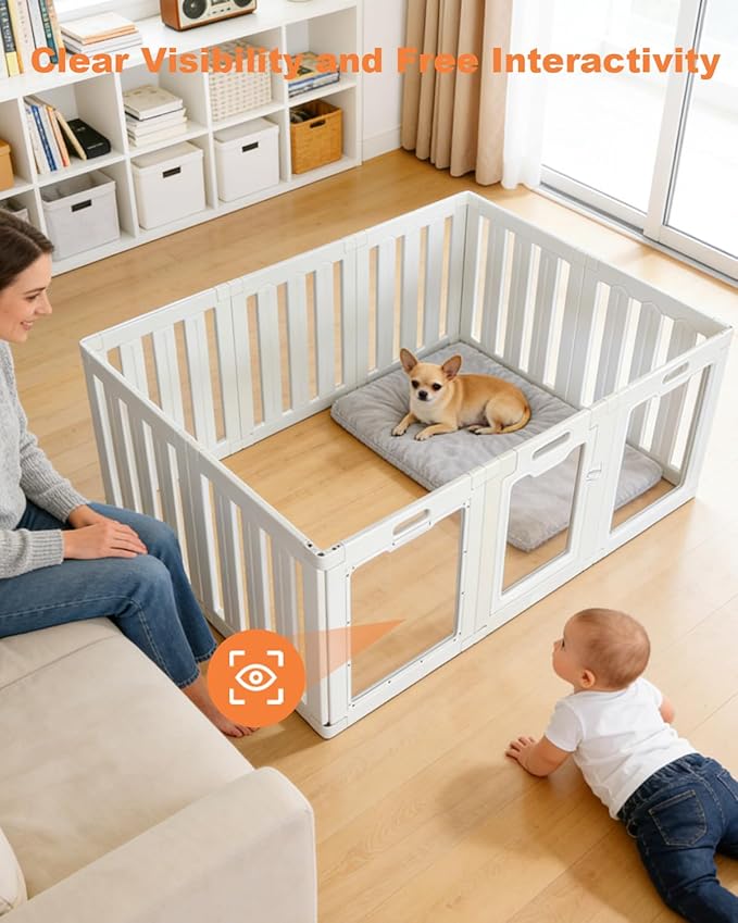 Acrylic Indoor Dog Playpen with Heavy Duty Door Lock,24" H 10 Panels DIY Puppy Playpen Pet Play Pen for Small Animal, Easy Assemble and Clean Plastic Pet Fence,White