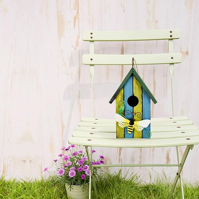 Wood Bird Houses for Outside, Hanging Bluebird House Nest Box Garden Patio Outdoor Decorative Bird Houses Vintage Rustic Wooden Birdhouse Bird Box Home for Finch Wren Chickadee Cardinals(Bee)