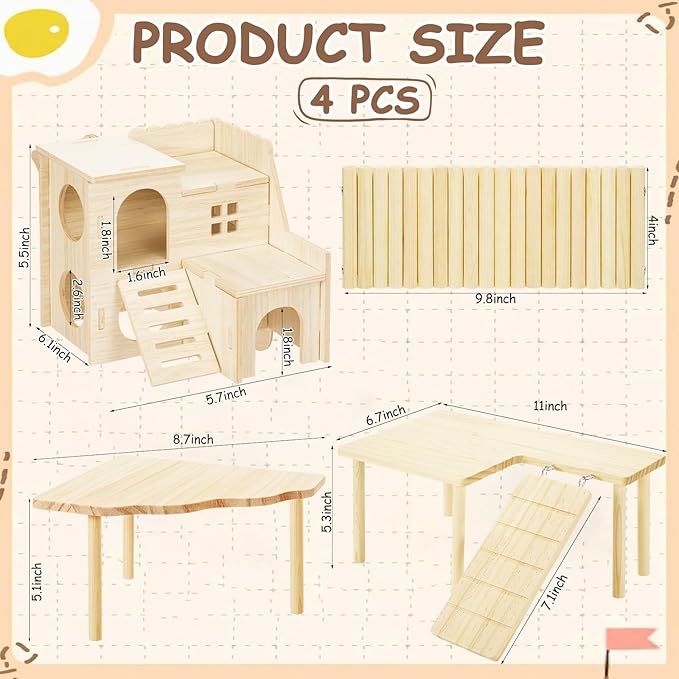 BreezeHug 4 Pcs Hamster Platform Hideout Wooden Tunnel Ladder Playhouse Hamster Game Climbing Toy with Platform Cage Accessories for Pets Dwarf Syrian Mice Degus Gerbils Squirrel(Loft)