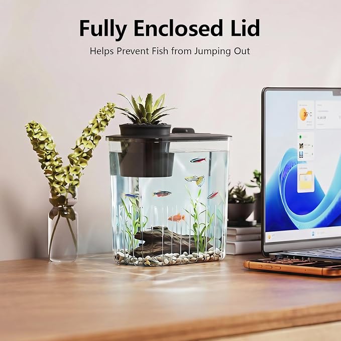 0.8 Gallon Betta Fish Tank Aquarium Starter Kit with Light and Lid(Black) | Premium Acrylic Aquarium with Light and Lid, Crystal Clear Starter Kit for Betta Fish, Shrimp, Snails and Small Fish