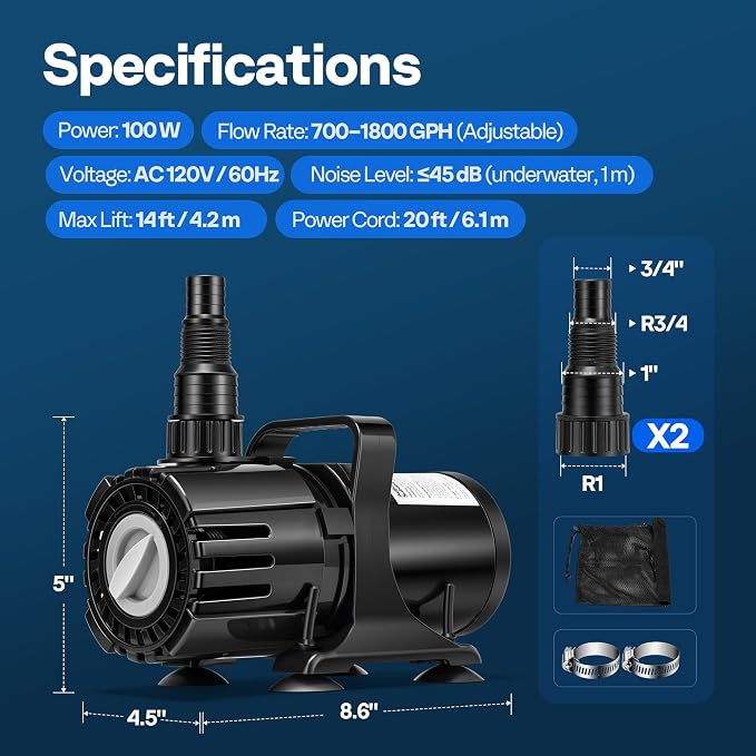 VIVOHOME 100W Pond Pump, 700-1800GPH Adjustable Flow Submersible Water Pump | Stepless Flow Control, 14ft Max Lift, 180° Seamless Adjustable Nozzle, Barrier Pump Bag, 20ft Power Cord