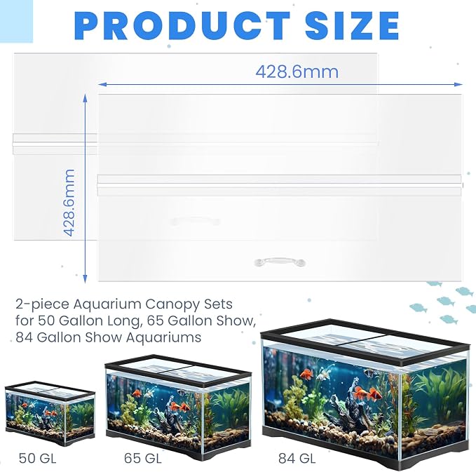 Sieral Aquarium Lids Polycarbonate Canopy with LED Light 2 Pcs Set 16.87 x 16.87 x 0.12 Inch for 50/65/84 Gallon with Center Brace Aquariums Cover Fish Tank Lid with a Hook Knife, Clear