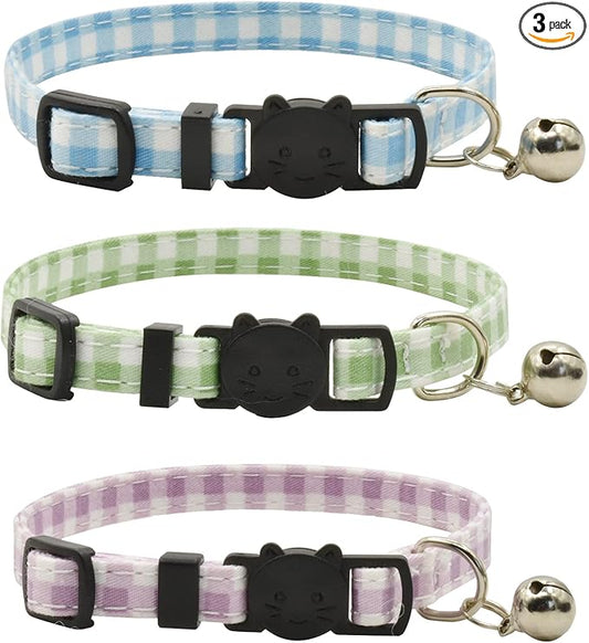 Breakaway Cat Collars with Bell, Set of 3, Durable & Safe Cute Kitten Collars Safety Adjustable Kitty Collar for Cat Puppy 7.5-11in (Plaid-2)
