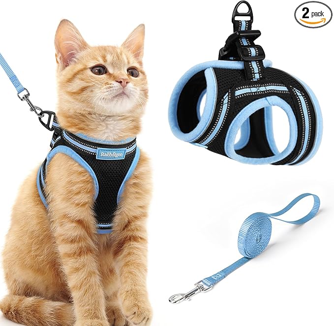 rabbitgoo Cat Harness and Leash Set for Walking Escape Proof, Adjustable Soft Kittens Vest with Reflective Strip for Cats, Comfortable Outdoor Vest, Black & Light Blue, M