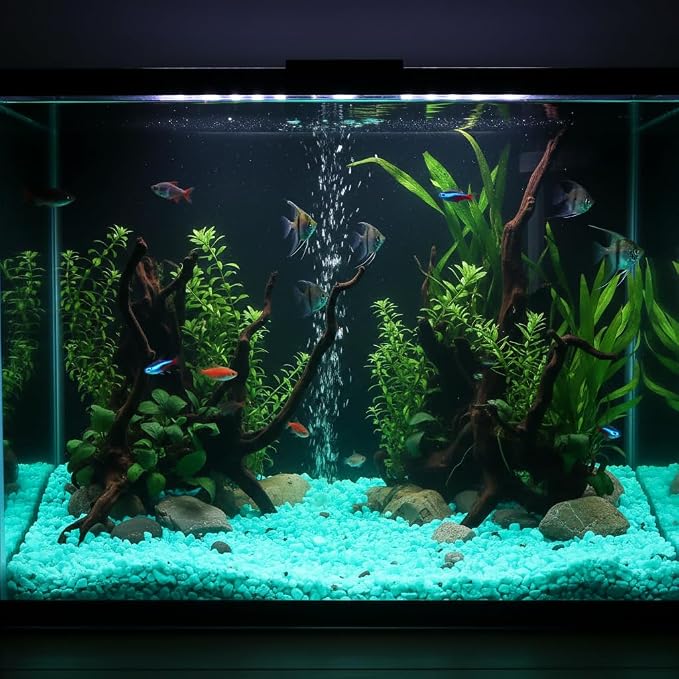 Shiny Stone Glow in The Dark Aquarium Neon Gravel Sand, Decorative Rocks for Fish Tank and Fairy Garden, Home Dec,305g/0.67lbs (Blue Green, 8-15mm)