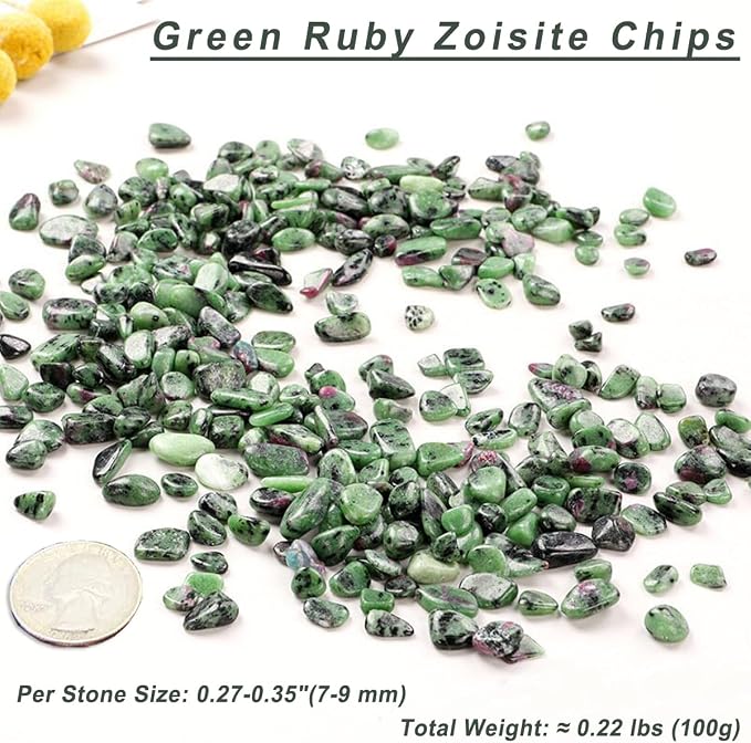Erliway 100g Natural Green Ruby Zoisite Crystal Chips 7-9mm Tumbled Stones | Small Crushed Crystal Stone, Polished Crystals Chips for Fish Tank, Healing Tumbled Rocks for Reiki Jewelry Making Home Décor
