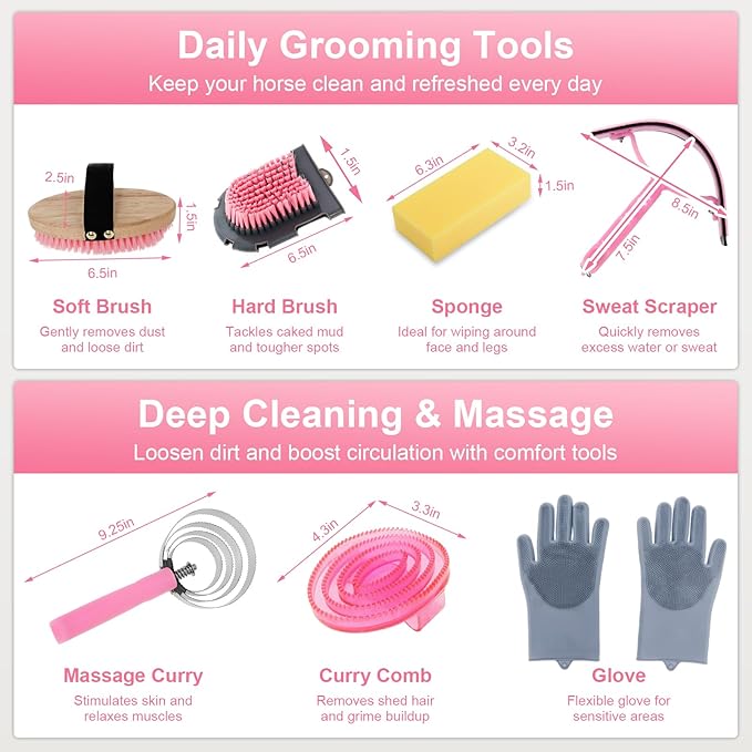 Horse Grooming Kit 13 Piece, Horse Brushes for Grooming Supplies Set, Professional Horse Supplies with Gloves & Brush for Equine Care, Pink