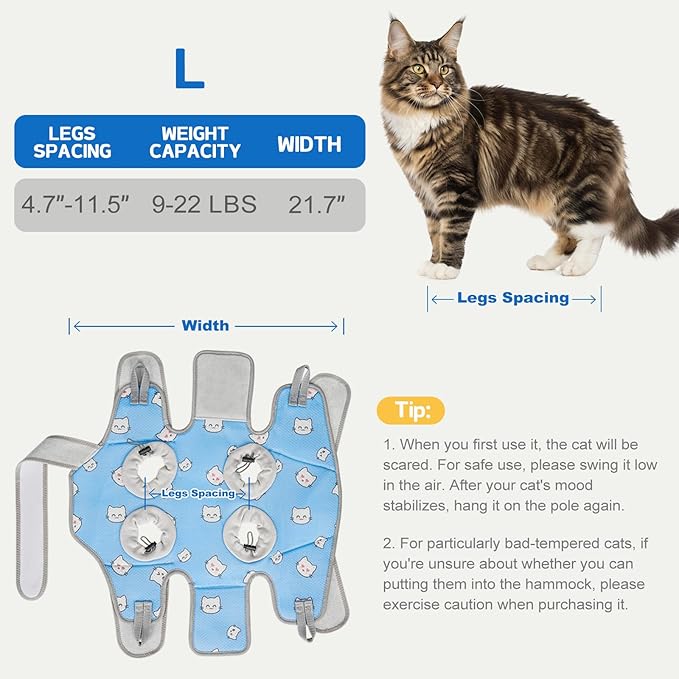 Supet Cat Grooming Hammock Harness for Nail Trimming, Cat Grooming Hanging Sling for Nail Clipping, Pet Restraint Holder for Cutting Nails, Medicine, Ear & Teeth Cleaning, Eye Care (BlueCat L)