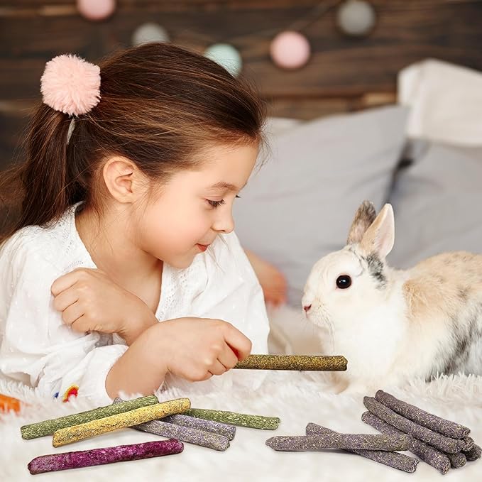 Jorewood 33 Pcs Rabbit Chew Sticks, Rabbit, Guinea Pig Toys, Natural Timothy Grass Molar Teeth Stick, Mixing Flowers Chewing Toy, Small Animals Treats