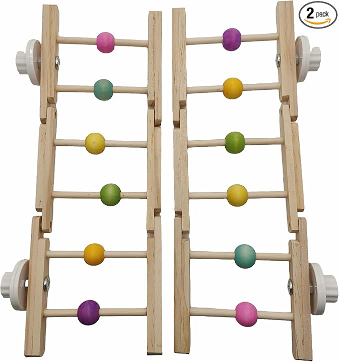 Wooden Bird Ladder Toy, 12 Inch Foldable Hardwood Parrot Climbing Bridge with Colorful Beads, 2 Pack Tri-Section Cage Accessories for Cockatiels, Conures, Lovebirds, 4 Inch Wide