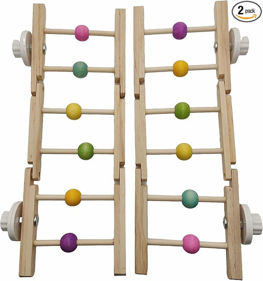 Wooden Bird Ladder Toy, 12 Inch Foldable Hardwood Parrot Climbing Bridge with Colorful Beads, 2 Pack Tri-Section Cage Accessories for Cockatiels, Conures, Lovebirds, 4 Inch Wide
