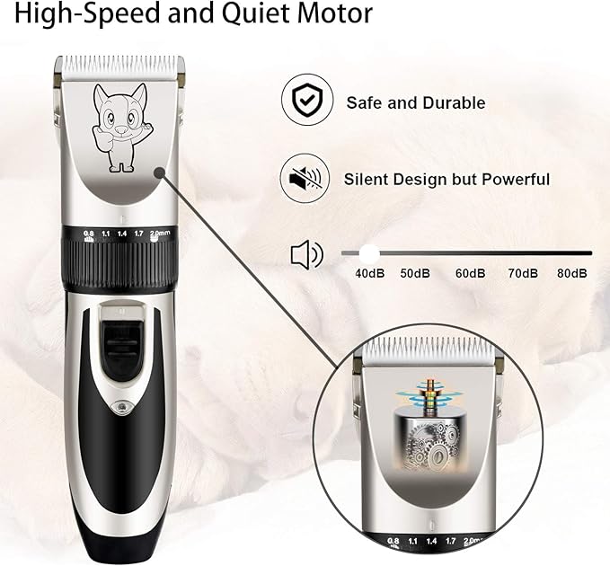 Highdas Dog Grooming Kit Clippers, Low Noise, Electric Quiet, Rechargeable, Cordless, Pet Hair Thick Coats Clippers Trimmers Set, Suitable for Dogs, Cats, and Other Pets (Silver)