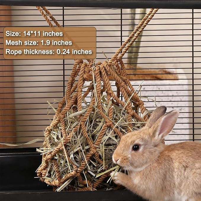 2 Pcs Rabbit Hay Feeder Mesh Bags, 2 Metal Hooks Hanging Hay Mesh Bags, Guinea Pig Hay Bags, High-Capacity Bunny Hay Bag for Rabbits, Chinchillas, Hamsters, Small Pets and Animals