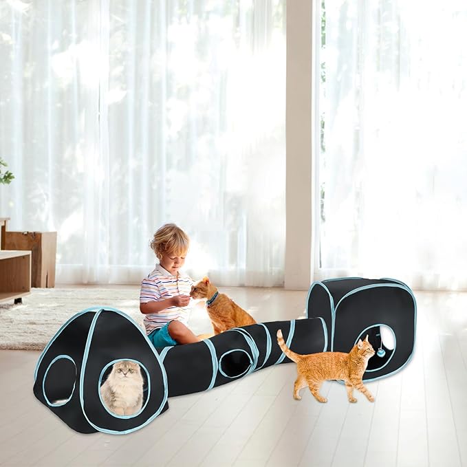 YUEPET Rabbit Tunnel and Cube Collapsible Tent Bunny Interactive Crinkle Tunnel Toys Small Animal Hideout with Play Ball for Dwarf Rabbit Bunny Guinea Pig (Blue Black)