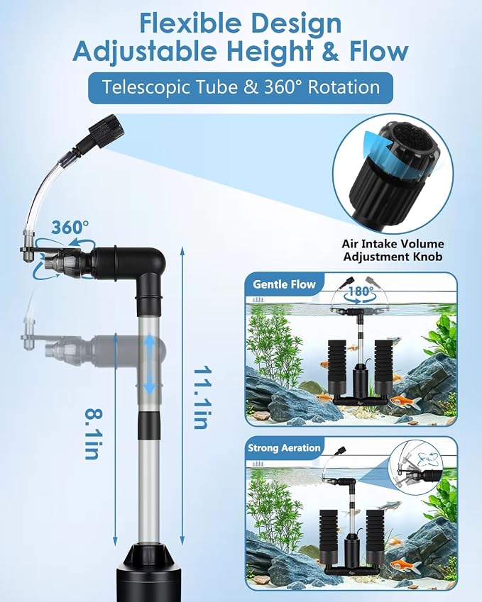 AQQA USB Electric Sponge Filter for Aquarium,Submersible Fish Tank Filter | No Air Pump Needed with Bio Ceramic Media & 110V Adapter, Quiet 360° Rotatable Outflow for Betta Shrimp Fry Breeding Tank