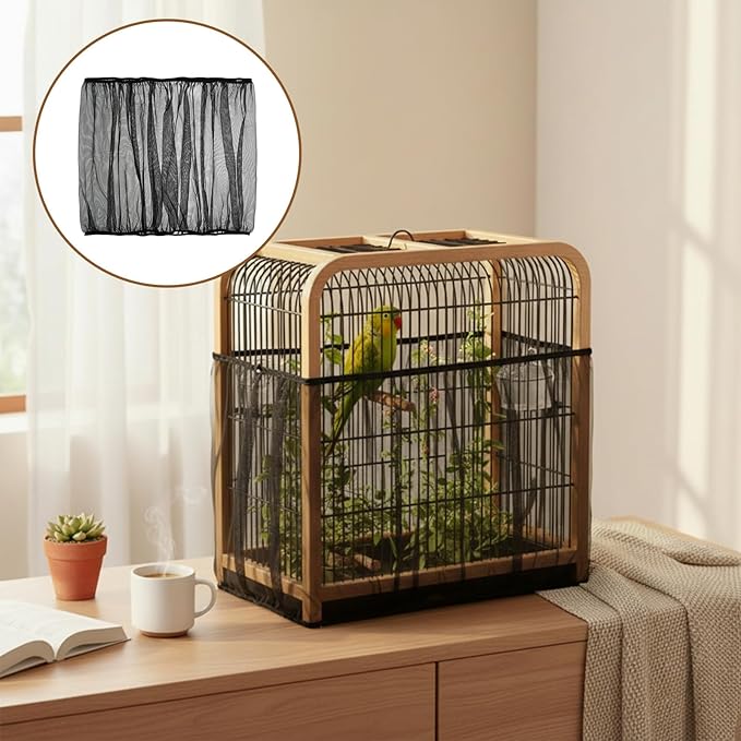 Bird Cage Net Seed Catcher Net Cover Black Adjustable Breathable Mesh Parrot Cage Skirt Guard for Parrot Cockatiel Budgie Fits Round Square Cages