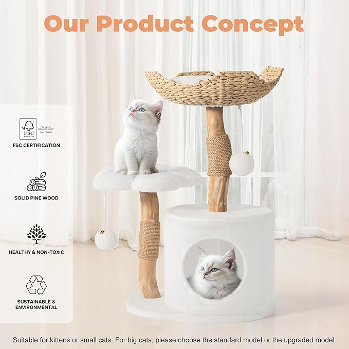 Easyego Modern Cat Tree, 26.3" Aesthetic Wood Cat Tree Tower, Luxury Cat Condo with Scratching Posts and Flower Platforms, Cat Furniture, Pure White