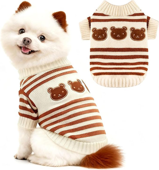 XS Dog Sweater with Cute Bear Pattern, Striped Soft Stretchable Warm Puppy Clothes for Small Dogs Cats, French Bulldog, Chihuahua for Winter(Brown,Medium)