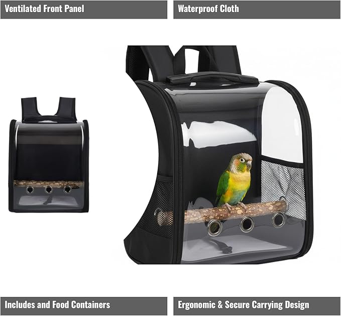 Pet Bird Backpack with Ventilated Acrylic Front and Perch for Travel