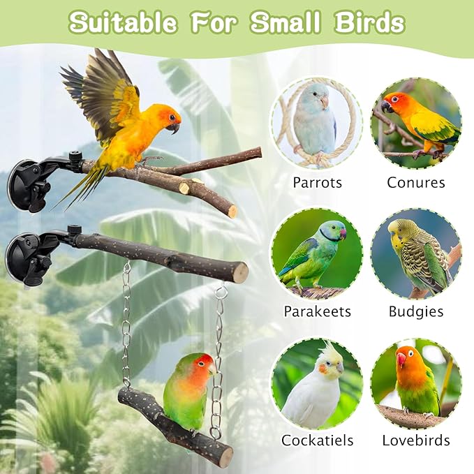 BNOSDM 2 Pcs Bird Perch Stand, Parrot Wood Perch with Strong Suction Cup, Movable Perches Stand Bird Training Set, for Window Shower Bathroom Ceramic Tiles for Parrots, Parakeets, Budgies, Lovebirds