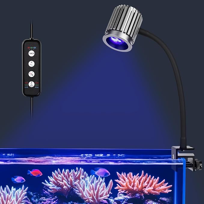 fishkeeper Saltwater Aquarium Light for 5-10 Gallon, 24/7 Reef LED Light | Adjustable 3 Color Mode /10 Brightness/3 Timer, 12W Clip On Aquarium Light for Coral Marine Tank, Memory Function