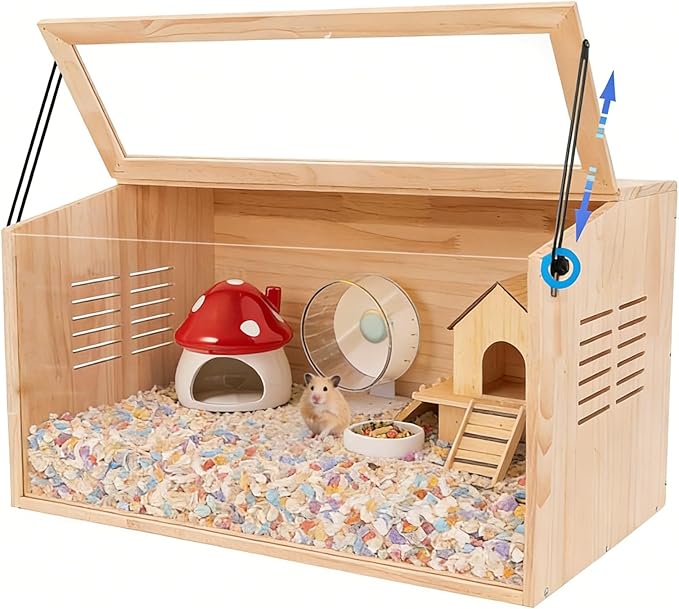Wooden Hamster Cage,24" Lx16 Wx16 H,Animal Cabinet for Dwarf Syrian Hamsters Degus, Hamster Habitat with Openable Top and Large Acrylic Sheets.