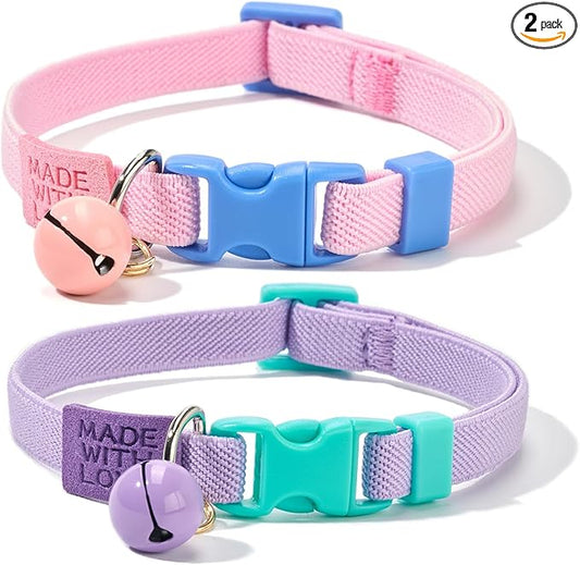 Elastic Cat Collar 2 Pack of Safety Quick Release Cat Collars with Bell Anti-Suffocation Kitten Puppy Collars(Pink+Lilac)