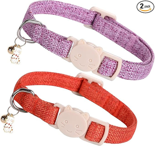 Elegant little tail 2 Pack Cat Collar- Halloween Orange&Purple Linnet Cat Collars Breakaway with Bell Pendant Wedding Kitten Boy Girl Safety Adjustable 7-12 Inch Collar for Small Cats Puppy