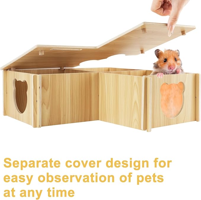 RETON Wooden Hamster House, Hamster Hideout Corner Hamster Accessories, Hamster Hides Platform with Stairs, Hamster Toys Cage Decor for Syrian Hamsters Dwarf Hamster Rat Gerbil