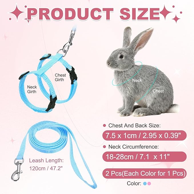 Rabbit Harness and Leash, Escape Proof Bunny Cat Leash Small Animal Harness Soft Adjustable Buckle(2Pcs, Pink/Sky Blue) for Bunny Kitten Cats Puppies Walking Hiking Training