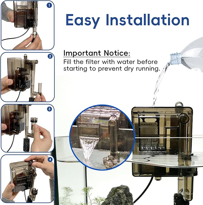 Compact Hang-On Back Aquarium Filter 53 GPH for Up to 10 Gallons Fish Tank USB Powered HOB Filter with Surface Skimmer, Adjustable Flow, Replaceable Media & Fish-Safe Intake