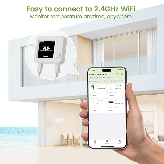 2 Pack WiFi Freezer Alarm Refrigerator Thermometer, App Alerts | Two-sensor freezer/fridge alarm for two rooms or two homes, alerts on power outage or WiFi loss, +/-0.9F at -40F, no hub