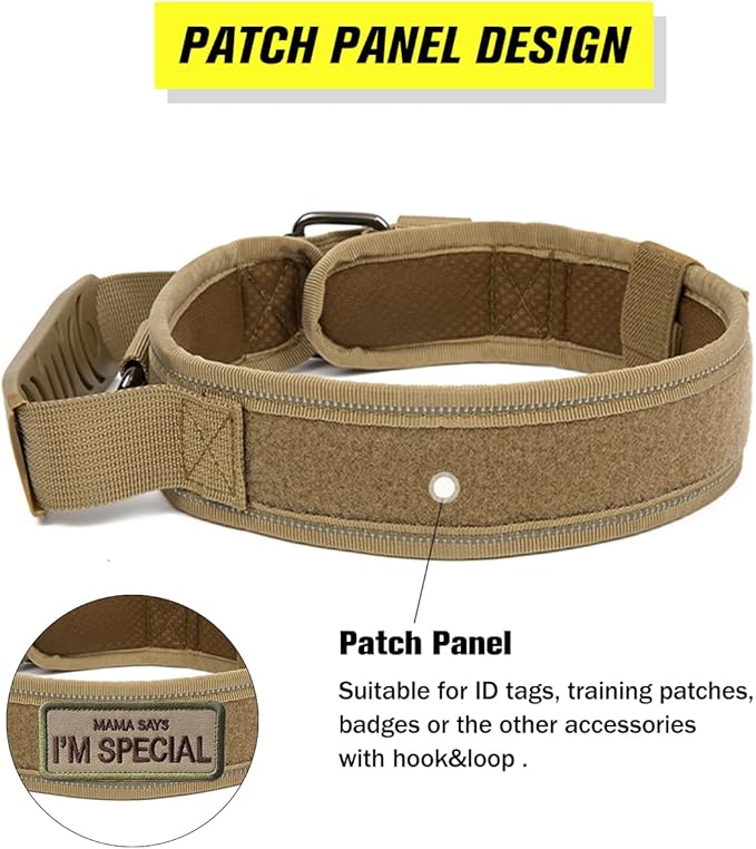 Tactical Dog Collar with Handle - Military Adjustable Dog Training Collar Soft Nylon and Heavy Duty Metal Buckle for Medium Large Dogs - with Patch (Black with Patch, Medium)