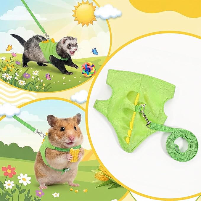 Dinosaur Shaped Harness and Leash Set, Adjustable Small Animal Harness for Hedgehog, Ferret, Guinea Pig, Hamster, Soft Plush Material, Safety Bell, Green