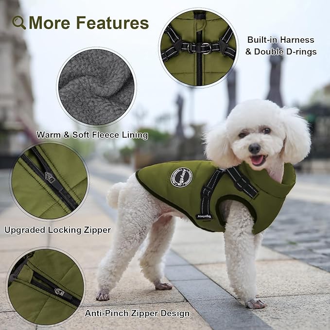 Warm Dog Winter Coat, Cold Weather Jacket with Built-in Harness, Reflective & Adjustable Comfortable Pet Vest, Windproof Apparel for Small Medium Large Dogs (Green)