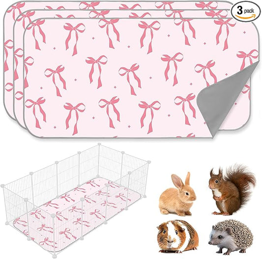JarThenaAMCS 3 Packs Guinea Pig Pee Pads 24" x 47" Reusable Guinea Pig Pee Mat Pink Bow Washable Small Animal Cage Liner for Rabbit Hamster Chinchilla Ferret Rat