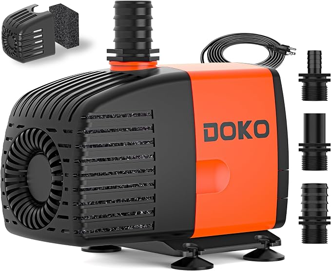 Doko Submersible Water Pump,880GPH Aquarium Water Pump with Extended Mesh Cover and Sponge,Ultra Quiet Pond Pump with 6Ft Power Cord for Fountains,Fish Tanks,Hydroponics,and Waterfalls