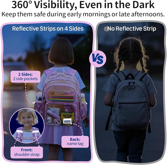Clear Backpack for Girls, 15 Inch Heavy Duty Transparent Bookbag for Kindergarten to 2nd Grade, PVC See Through Daypack with Reflective Straps, Fits Standard Folders, Purple Cute Unicorn