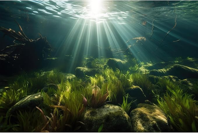 Ocean Floor Fish Tank Background Underwater Stone Aquarium Background Seaweed Branches Sunlight Fish Tank Backdrop Decoration Mysterious Aquarium Backdrop Durable Vinyl 36x18in