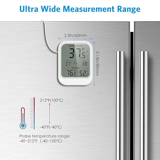 AMIR Digital Fridge Thermometer with Probe, LCD Display, Max/Min Records, Alarm, Digital Thermometer with External Sensor, Magnet, Suction Cup Freezer for Aquarium,Refrigerator,Freeze