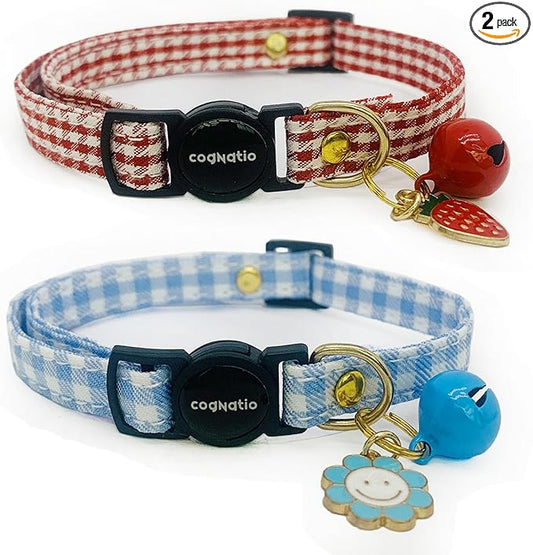 2 Pack Cotton Breakaway cat Collars with Bell,Safety Quick Release Pendant Cute Kitten Collar,Adjustable 20-30cm (Red+Vista Blue, 20-30cm)