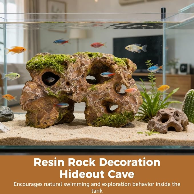 Homaisson Large Aquarium Decoration Hideout Cave, Resin Rock Mountain Fish Tank Ornament with Multiple Holes, Artificial Coral Style Aquarium Cave for Fish Shrimp and Aquatic Pets